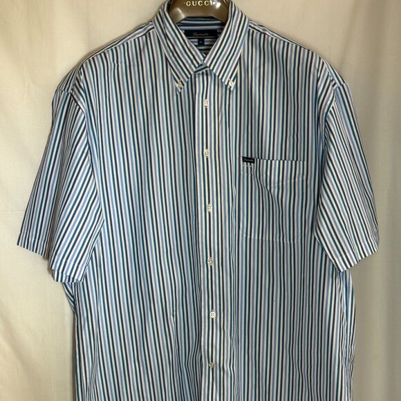 Faconnable Men's Button Down Striped Short Sleeve Shirt w/ Pocket -Blue - XL-New - Picture 1 of 6